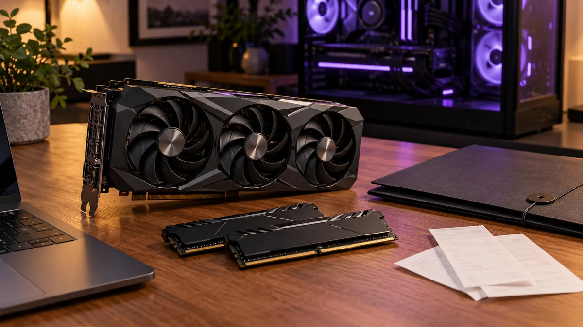 Peças de computador e notas organizadas
