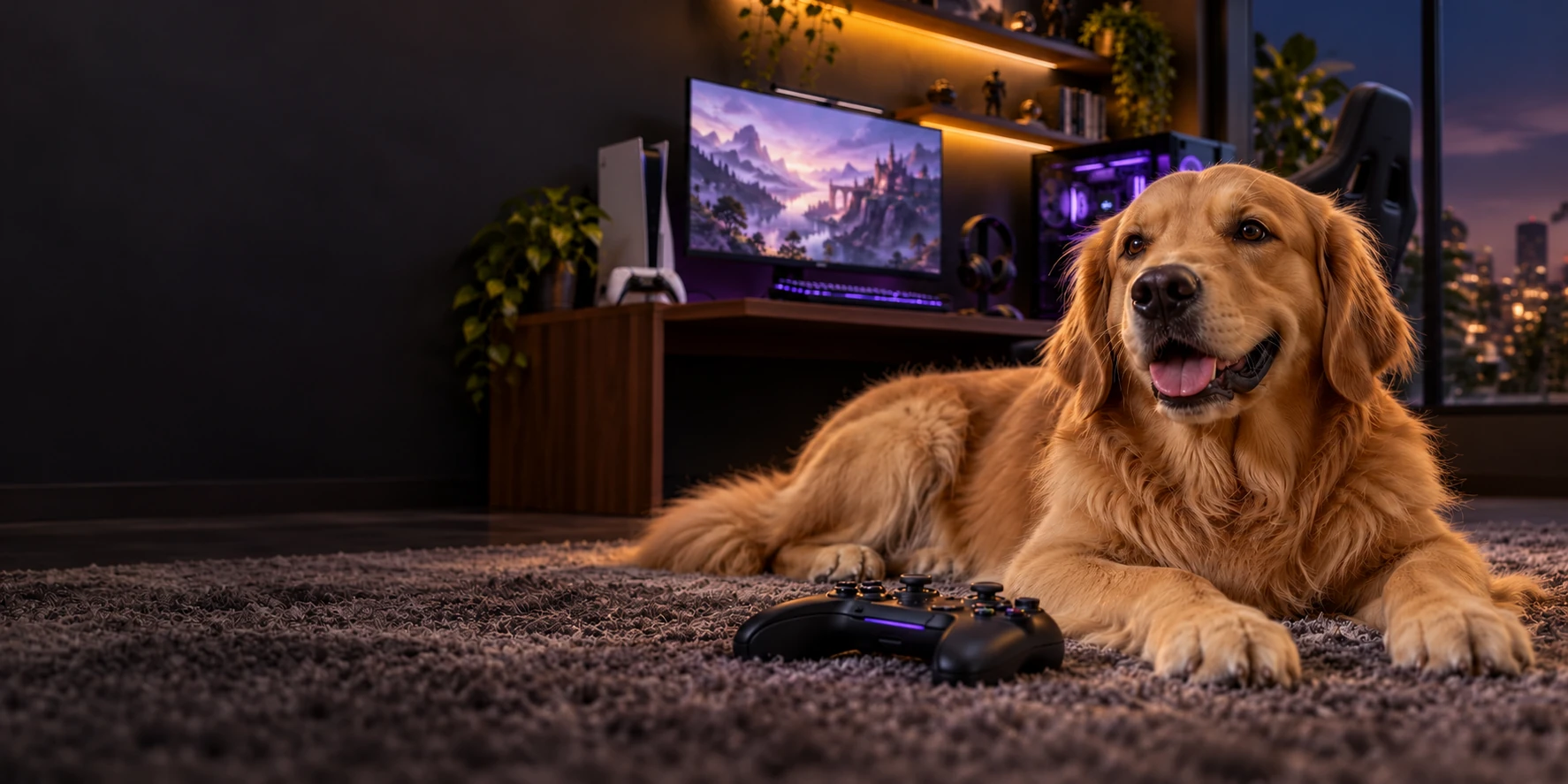 Cachorro golden retriever descansando perto do controle e do setup